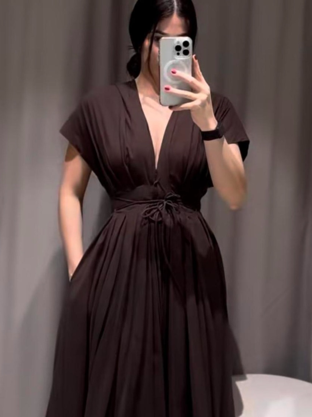 Zara Brown Deep V Maxi Dress with Drawstring Waist - Picture 2 of 4